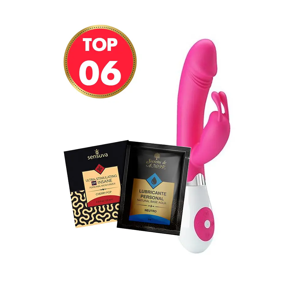 Kit Vibrador Dual Conejo  Nikko + 1 sachet Lubricante + 1 Sachet Esimulante Femenino 1