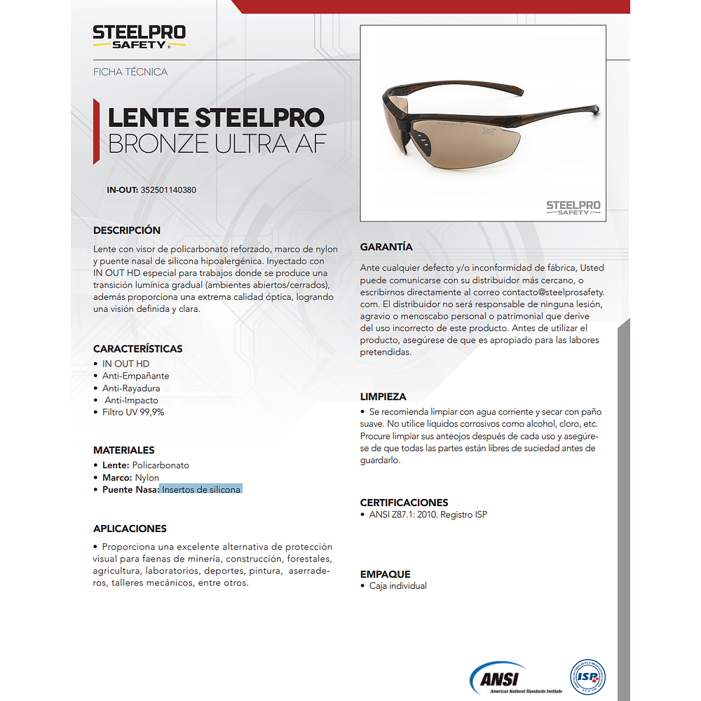 Lente Carbón UV Steelpro Gris / Bronze 