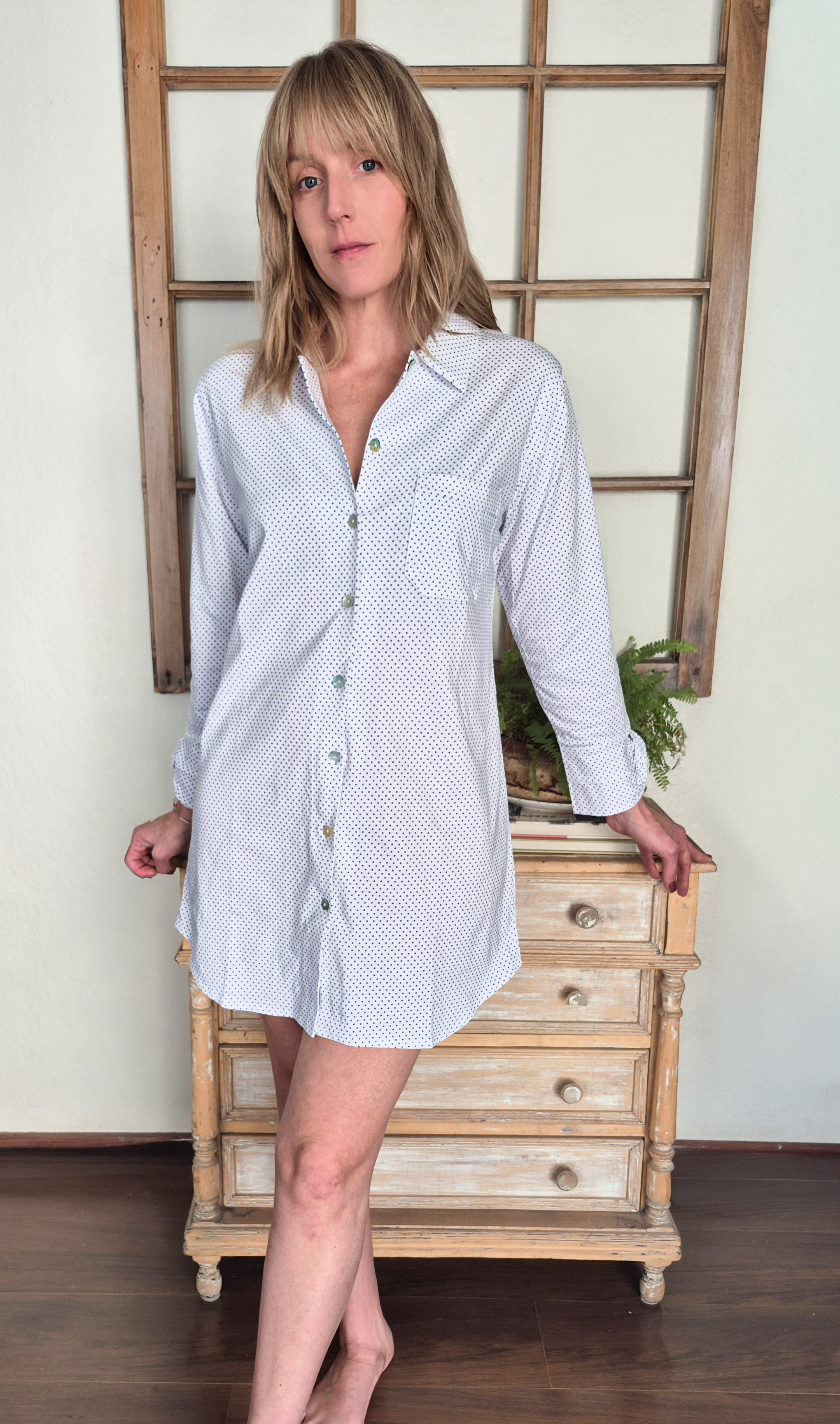 Camisa de dormir Gracia/ Blanca puntitos negros