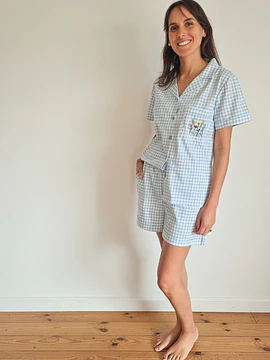 Pijama mujer Fátima/vichy turquesa con bordado 
