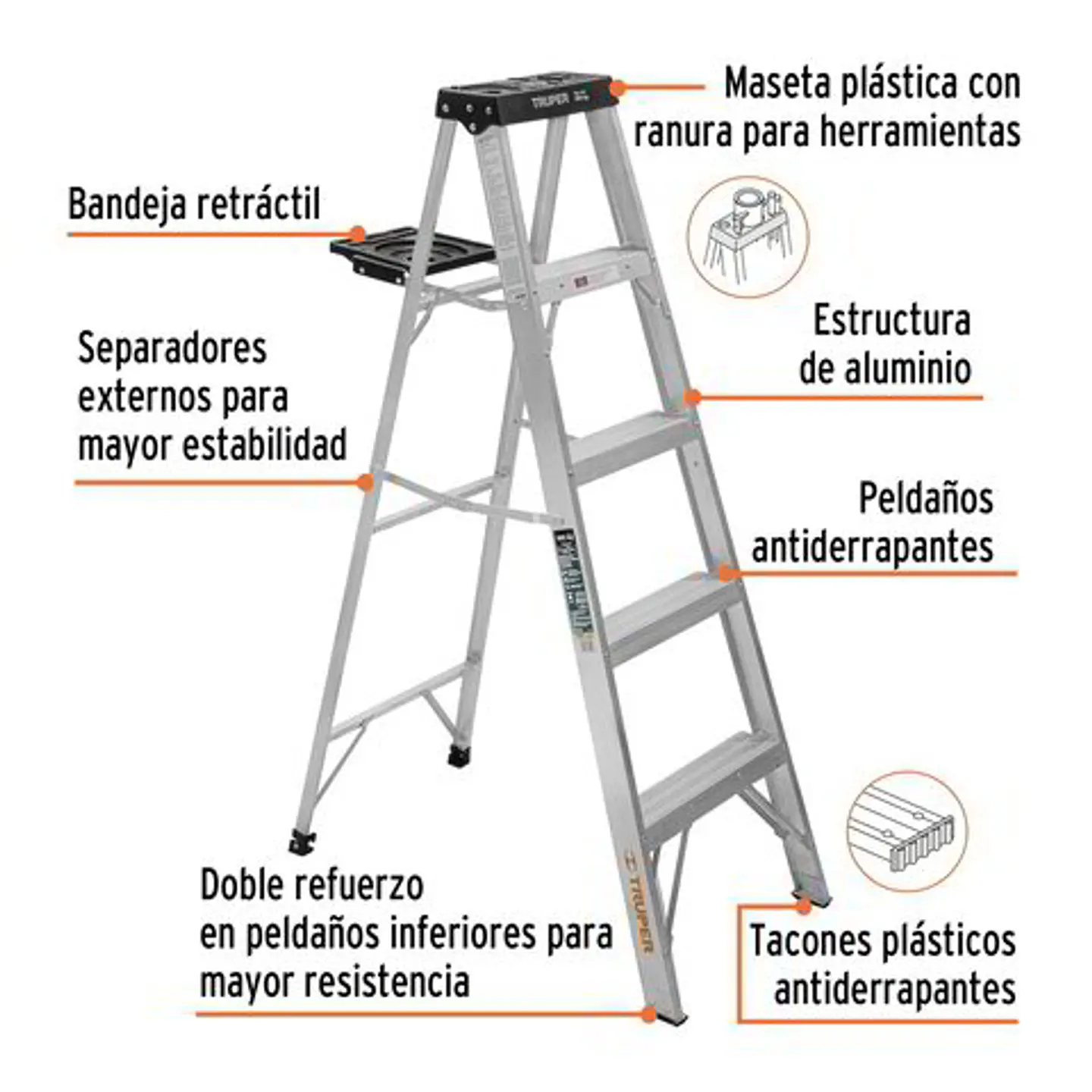 Escalera de tijera tipo 6 escalones y bandeja, Truper 2