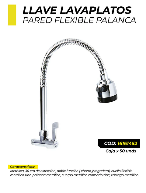 Llave Lavaplatos De Pared Palanca Flexible Metalica
