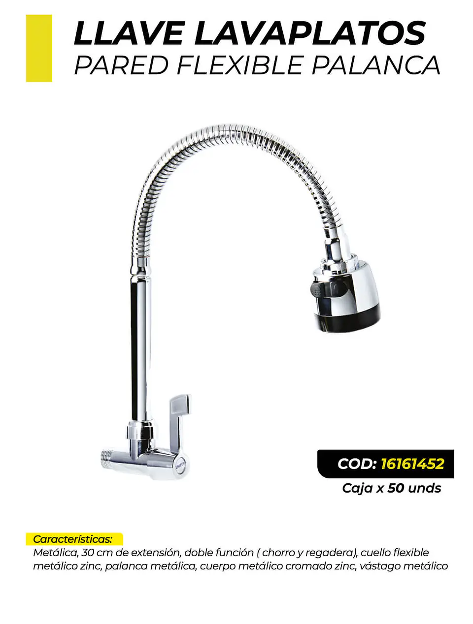 Llave Lavaplatos De Pared Palanca Flexible Metalica 1