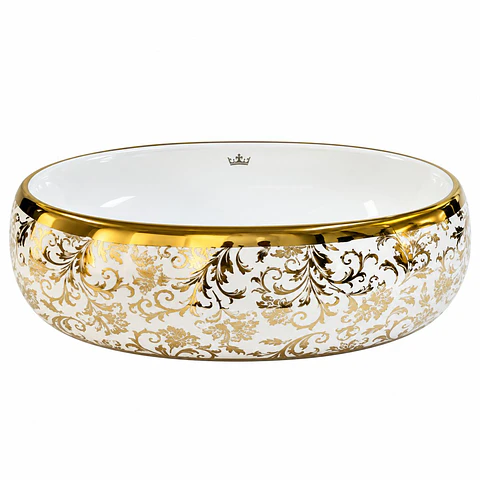 Lavamanos sobreponer en porcelana ovalado blanco dorado 42 × 30 × 15 cm