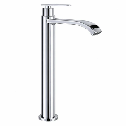 Llave lavamanos alta agua fría cuello curvo plano cromada