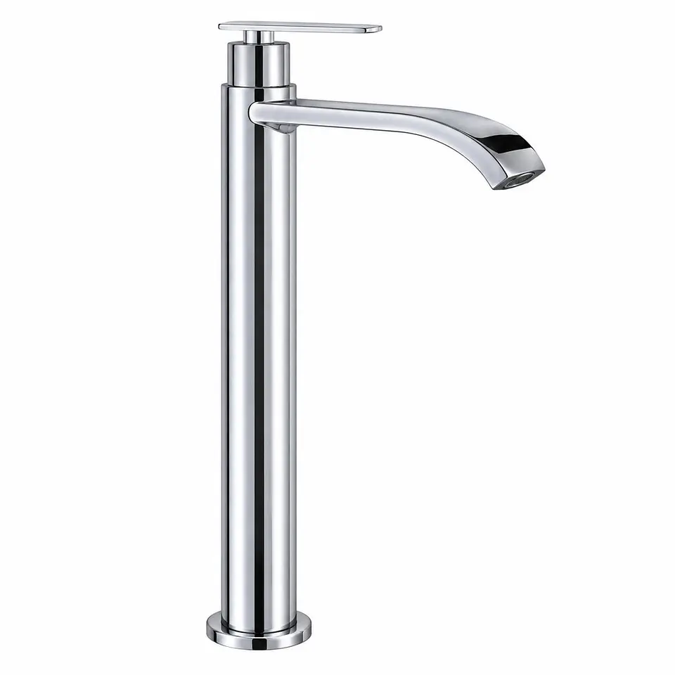 Llave lavamanos alta agua fría cuello curvo plano cromada 1