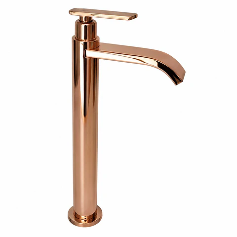 Llave lavamanos alta agua fría cuello curvo plano oro rosa