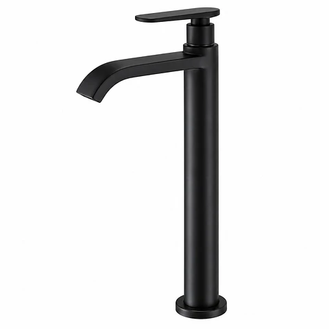 Llave Lavamanos Alta Agua Fría Cuello Curvo Plano Negro Mate