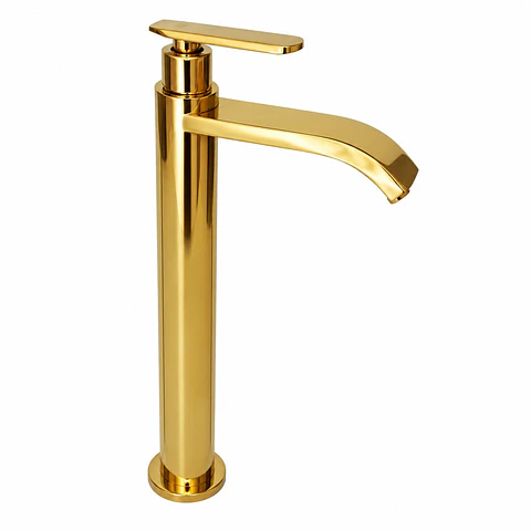 Llave Lavamanos Alta Agua Fría Cuello Curvo Plano Oro