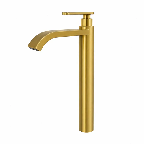Llave Lavamanos Alta Agua Fría Cuello Curvo Plano Oro Cepillado