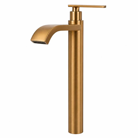 Llave Lavamanos Alta Agua Fría Cuello Curvo Plano Oro Rosa Cepillado