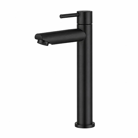 Llave Lavamanos Alta Agua Fría Cuello Recto Negro