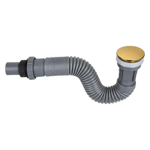 Sifón Integrado Gris con Push Metálica Color Oro