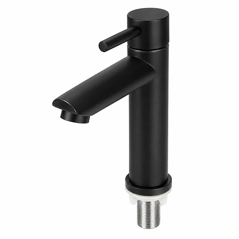 Llave Lavamanos Baja Agua Fría Negro Cuello Recto