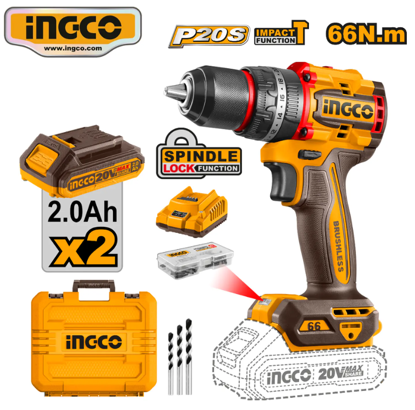 TALADRO CON PERCUTOR 66NM + 2 BATERÍAS + CARGADOR + MALETÍN 1