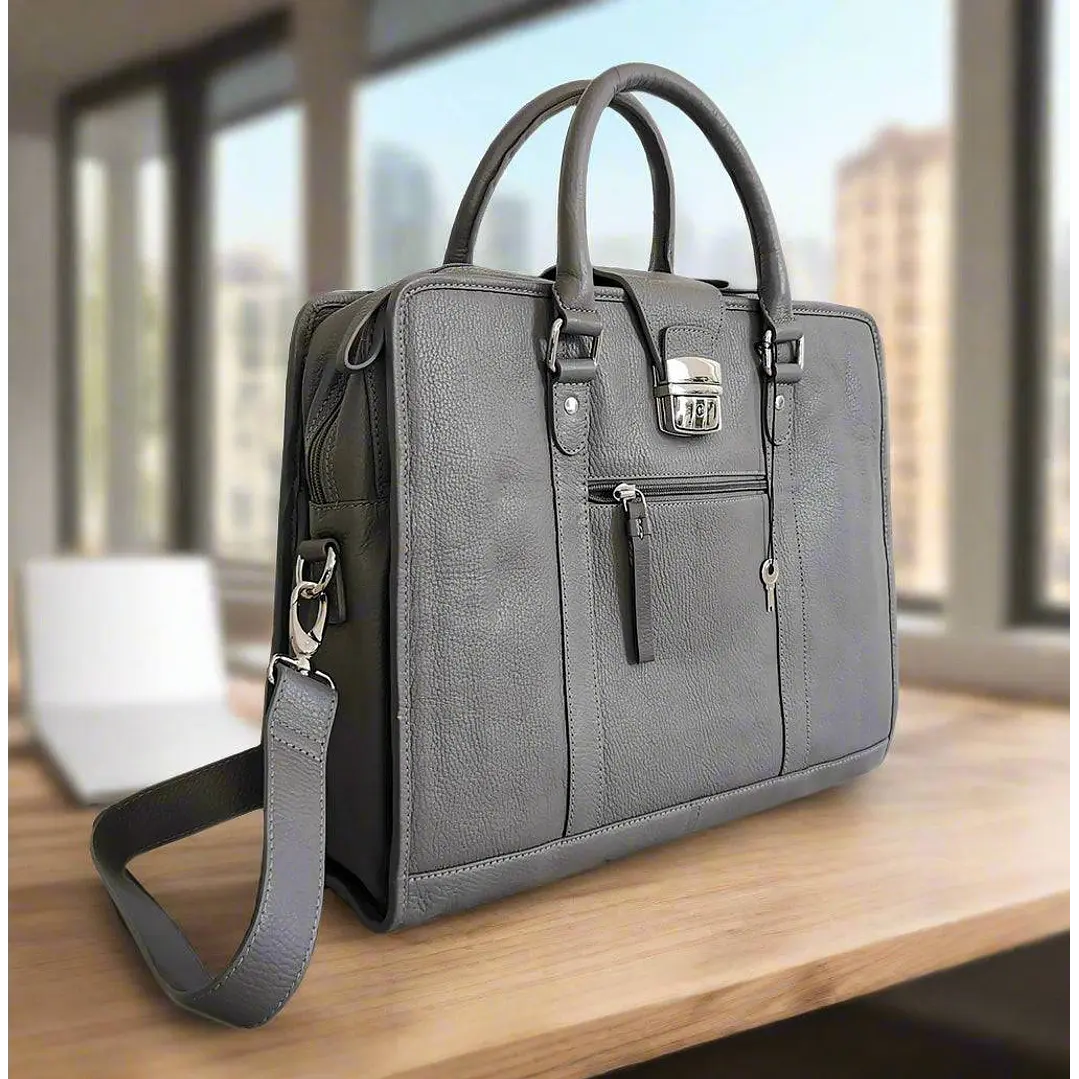 Leather Briefcase, Grey 1