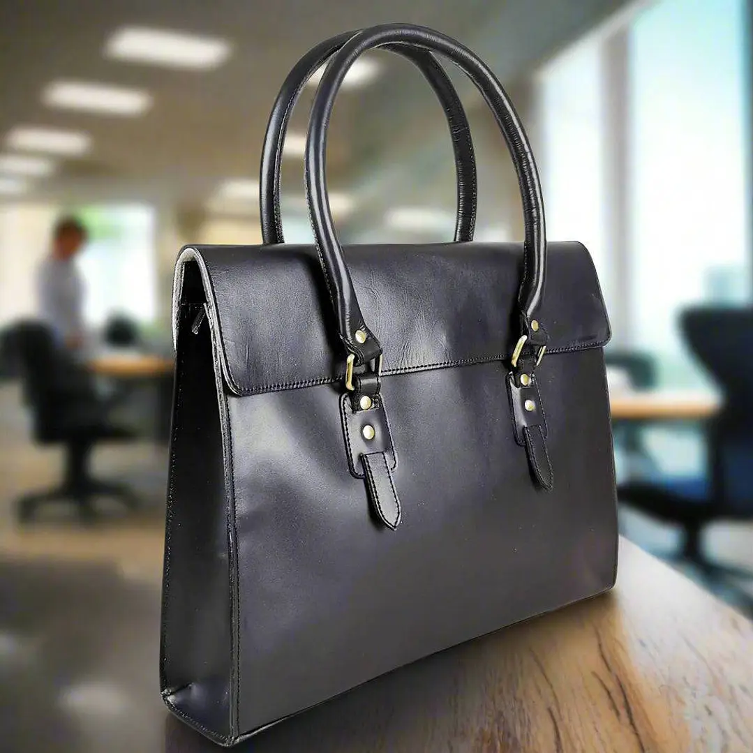 The Signature 17" Leather Laptop Bag, Black Flap 4