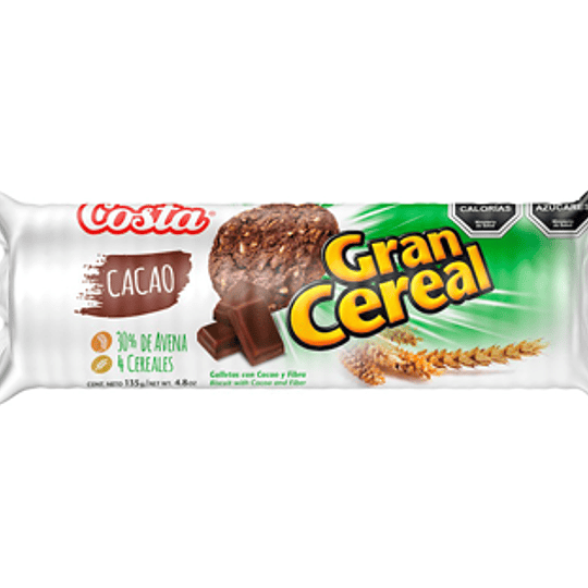 Galleta Gran Cereal Fibra Cacao Unidad 135 Gr Costa
