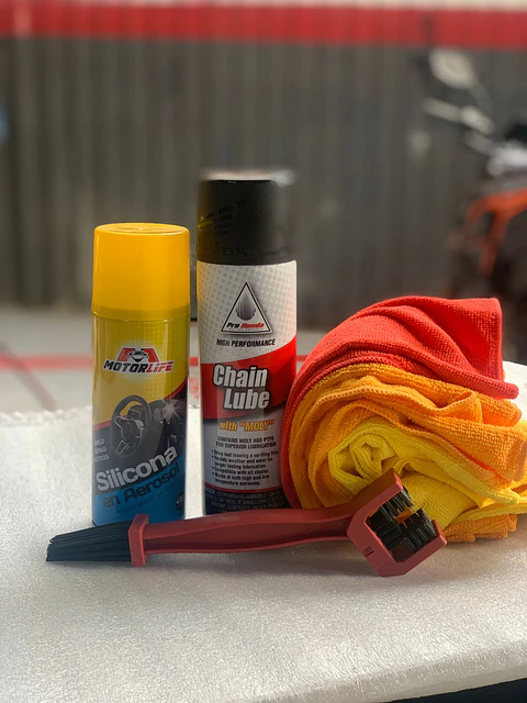 Lubricante cadena+cepillo+silicona spray+kit paños micro fibra