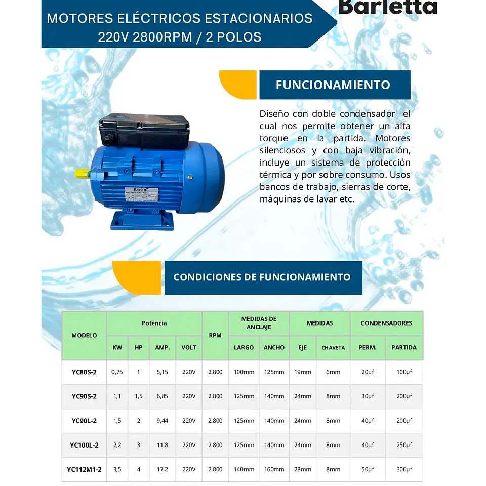 Motor Eléctrico Estacionario Barletta 220V - 2800 RPM (2 Polos) 2