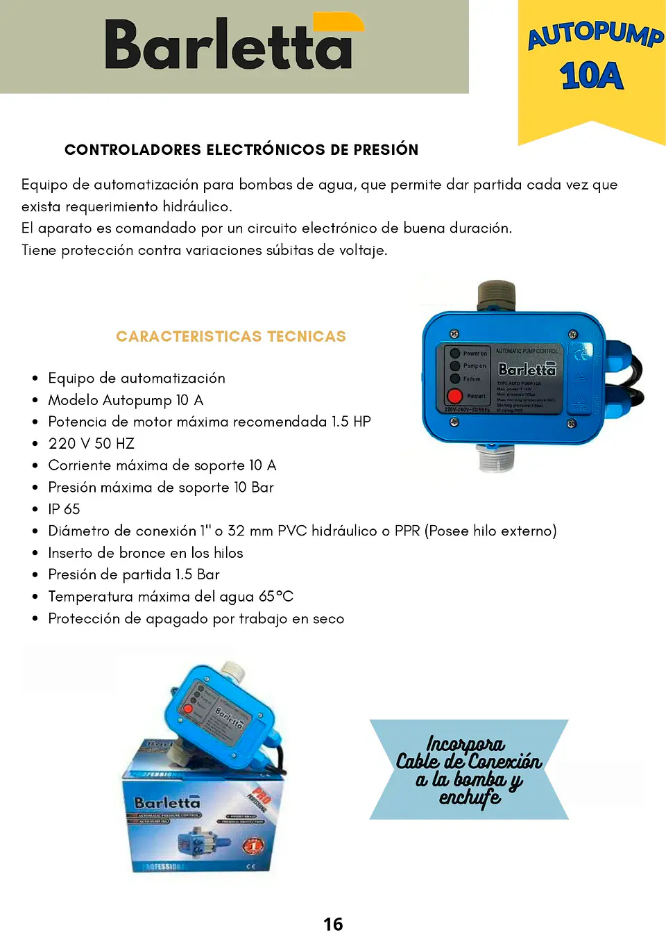 Controlador Electrónico de Presión Barletta - Modelo Autopump 10 A 2