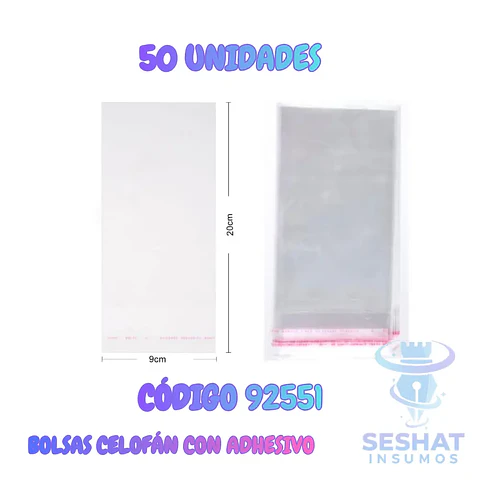 Bolsas de Celofán Transparentes con Adhesivo 9 x 20 cm | Pack 50 Unidades 