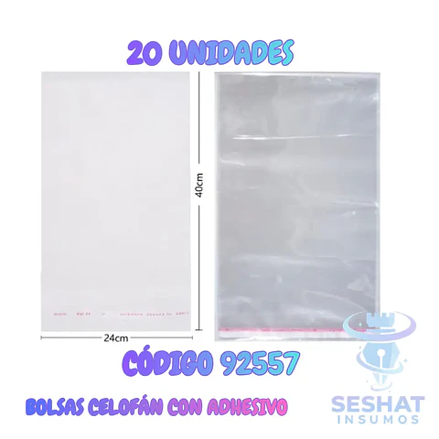 Bolsas de Celofán Transparentes con Adhesivo 24 x 40 cm | Pack 20 Unidades 