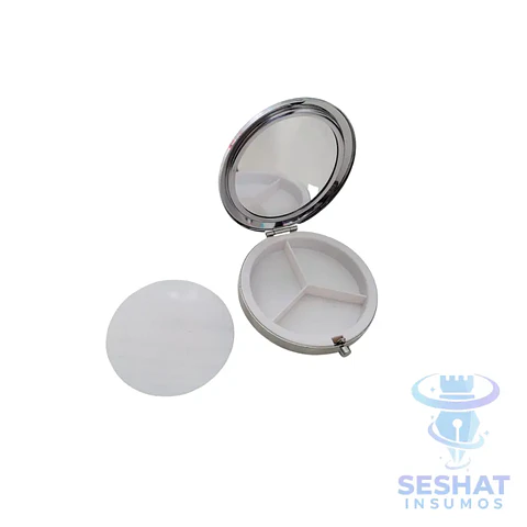 Pastillero Redondo Sublimable y Personalizable de 7 cm con Espejo y 3 Compartimentos interiores