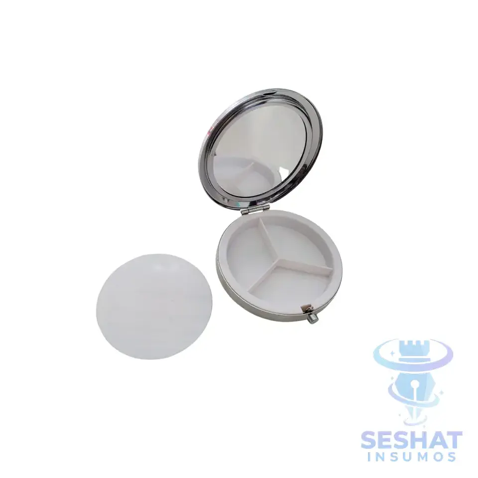 Pastillero Redondo Sublimable y Personalizable de 7 cm con Espejo y 3 Compartimentos interiores 1