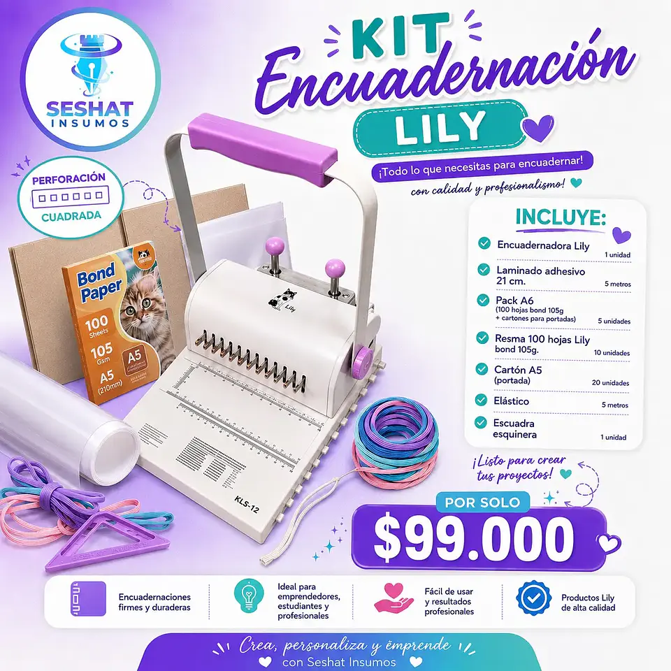Kit de Encuadernación Lily – Encuadernadora Paso 2:1 Perforación Cuadrada + Insumos 1
