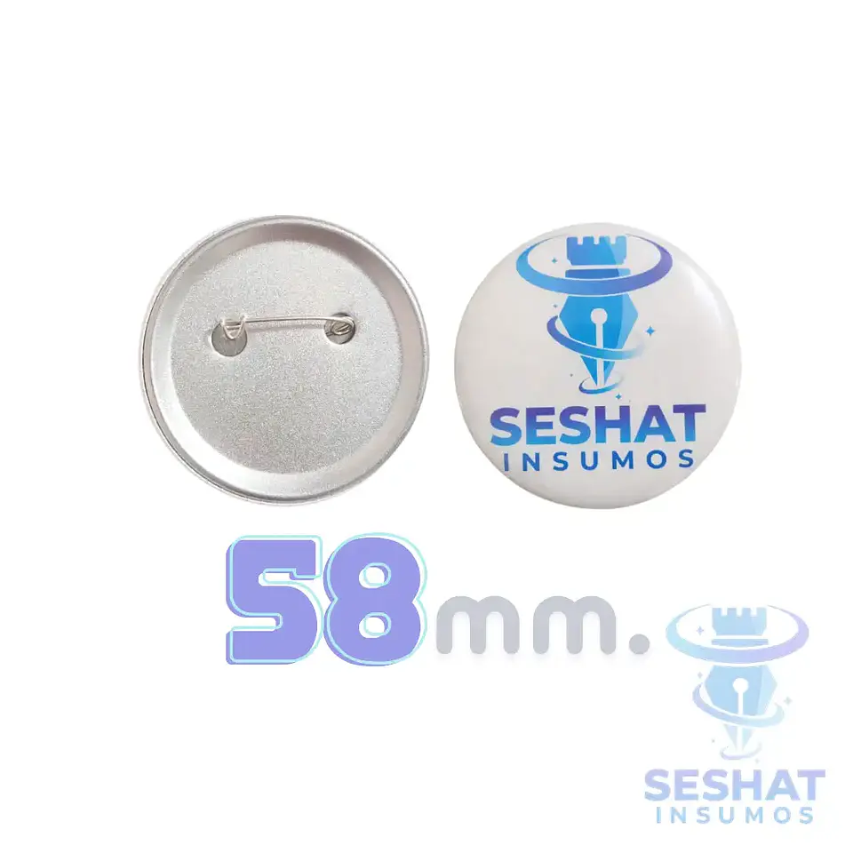 Chapitas Metálicas con Alfiler 58 mm | Pack 10 y 100 Unidades – Seshat Insumos 1