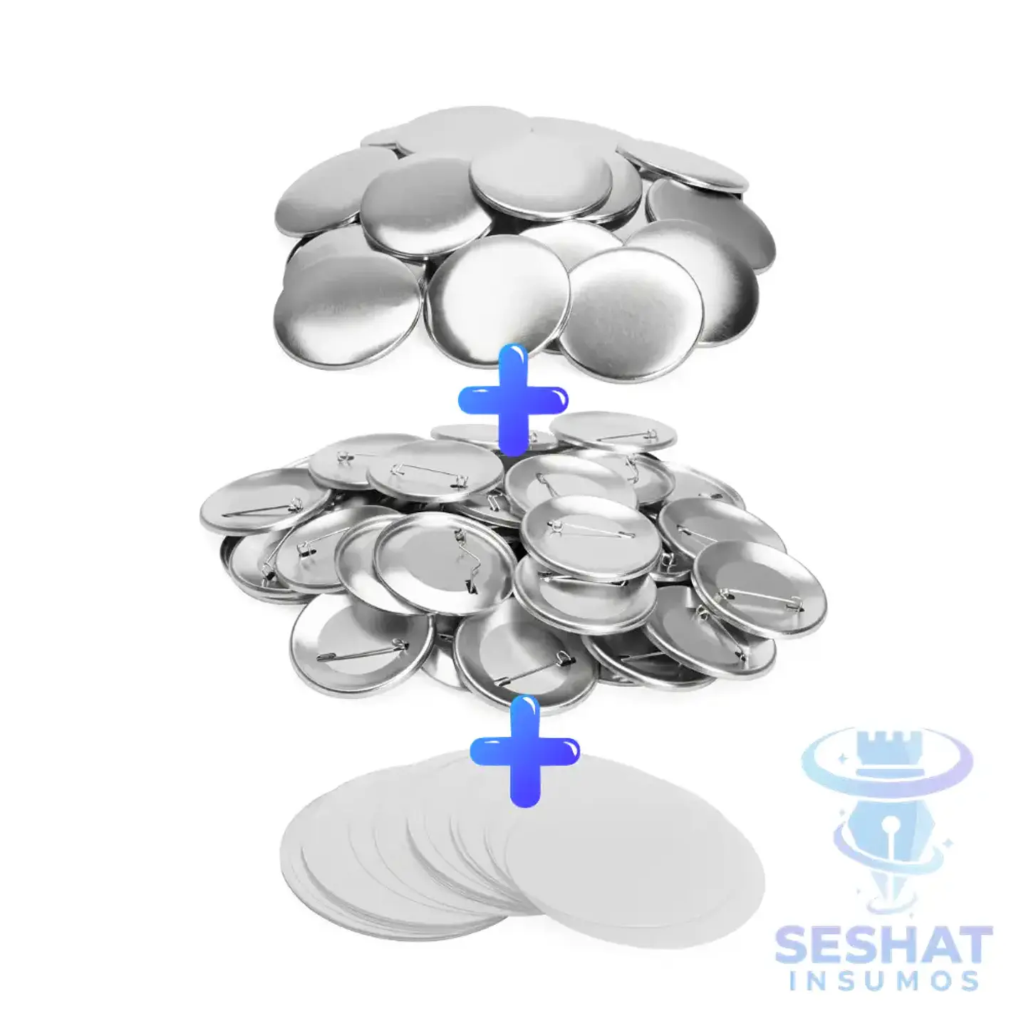 Chapitas Metálicas con Alfiler 56 mm | Pack 10 y 100 Unidades – Seshat Insumos 2
