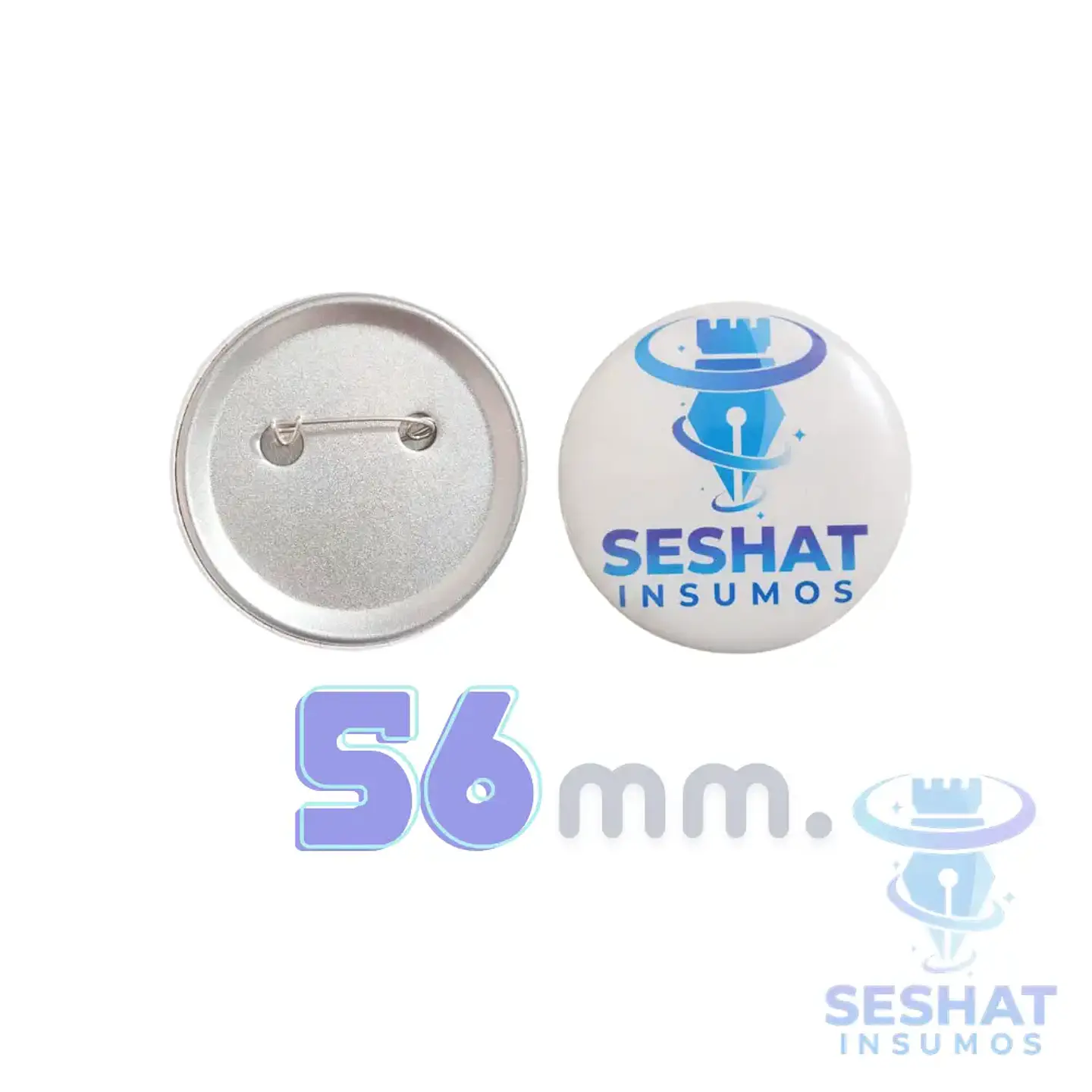 Chapitas Metálicas con Alfiler 56 mm | Pack 10 y 100 Unidades – Seshat Insumos 1