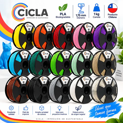 Filamento PLA Cicla 1 kg 1,75 mm para Impresora 3D | Seshat Insumos | Producto Chileno