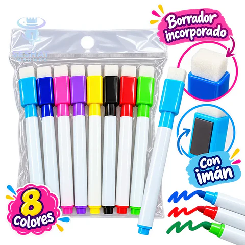 Plumones para Pizarra 8 Colores con Imán y Borrador | Seshat Insumos