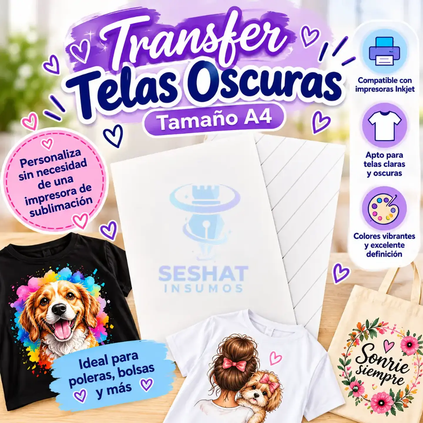 Papel Transfer Telas Oscuras A4 Inkjet | Compatible con Impresoras Inkjet | Seshat Insumos 1