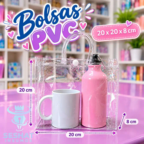 Bolsa PVC Transparente con Asas 20x20x8 cm | Unidad y Pack 10 | Seshat Insumos