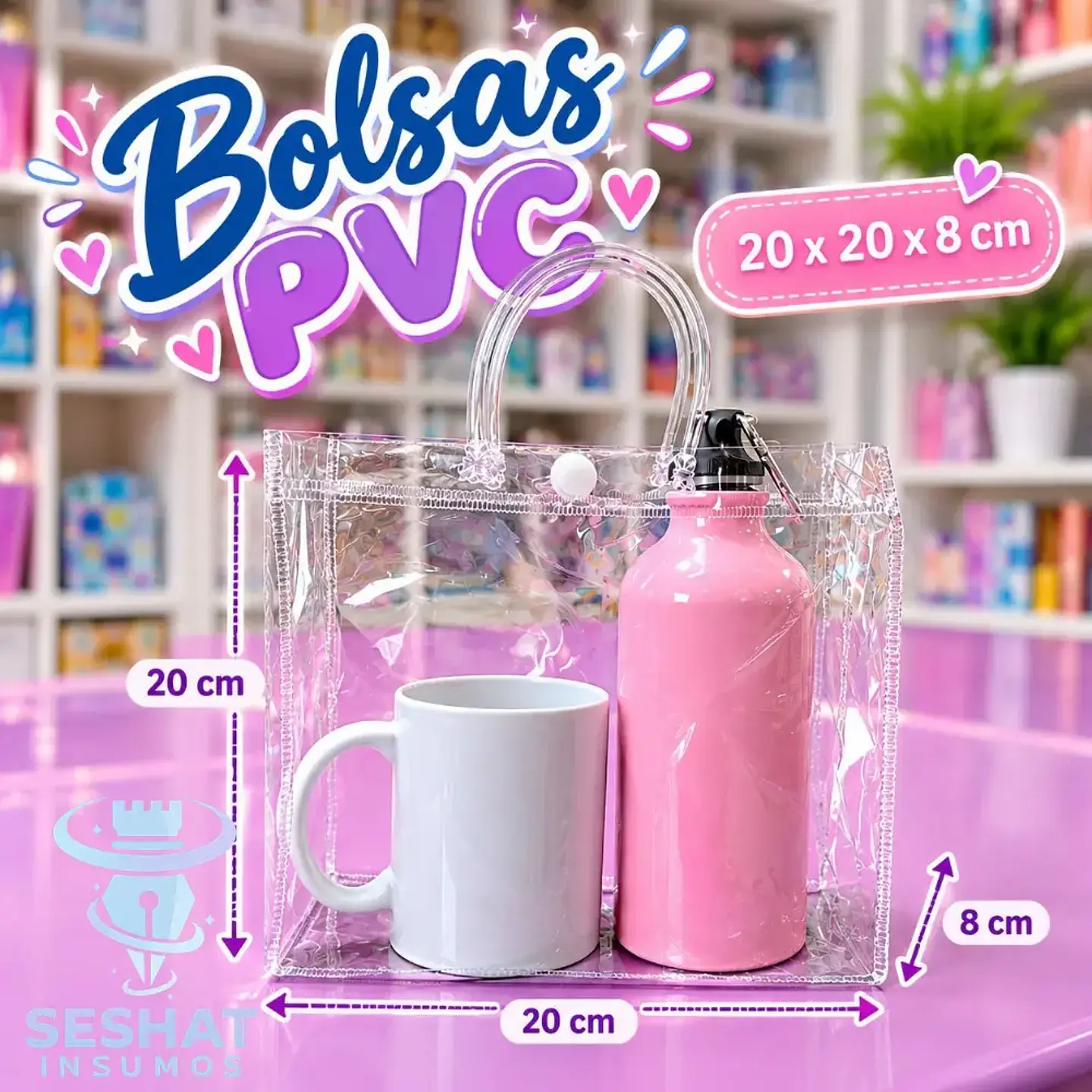 Bolsa PVC Transparente con Asas 20x20x8 cm | Unidad y Pack 10 | Seshat Insumos 1