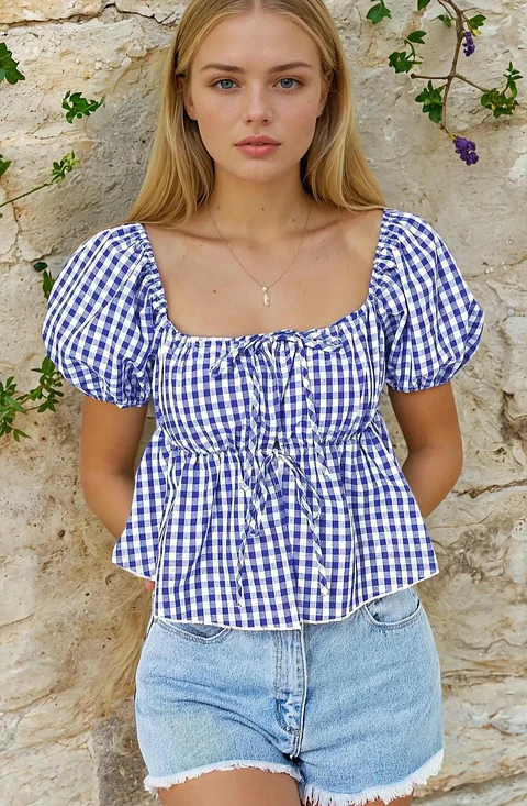 Sewing pattern for a peplum blouse, blouse with a front tie, peasant-style blouse pattern, blouse with puff sleeves, peplum blouse
