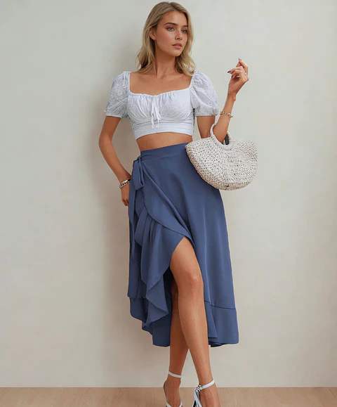 Sewing pattern for a wrap skirt, Sewing pattern for a summer skirt | Wrap skirt with ruffles at the hem