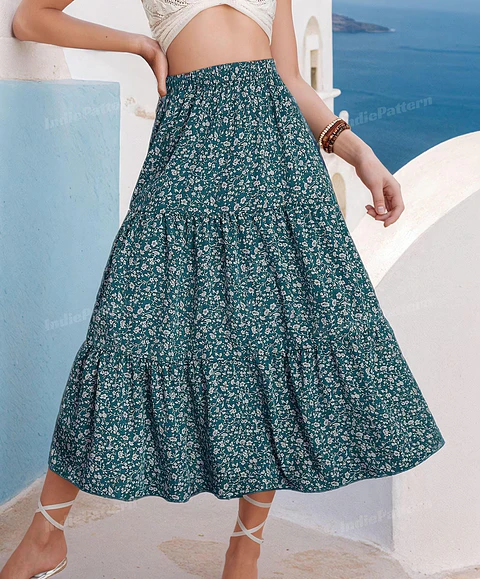 Women's tiered long skirt sewing pattern in PDF