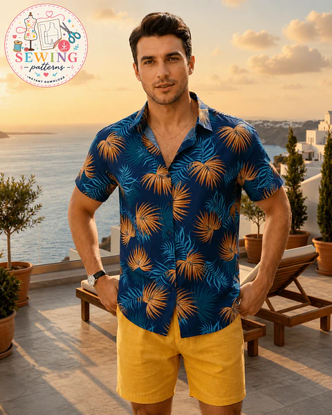 Sewing pattern for Hawaiian shirt and shorts, men's swimsuit pattern