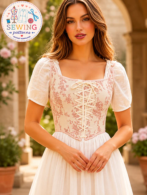 Sewing pattern for a cottagecore style corset top. Women's top pattern in PDF format