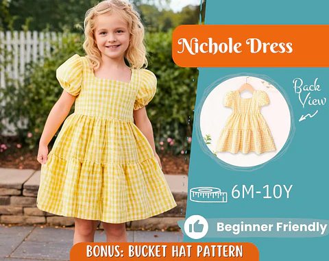 Square Neck Dress Girls Puff Sleeve Tiered Dress Sewing Pattern
