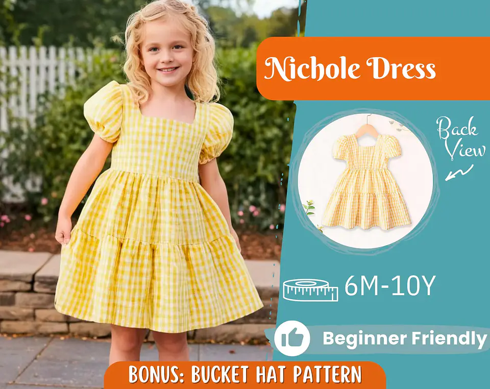Square Neck Dress Girls Puff Sleeve Tiered Dress Sewing Pattern 1
