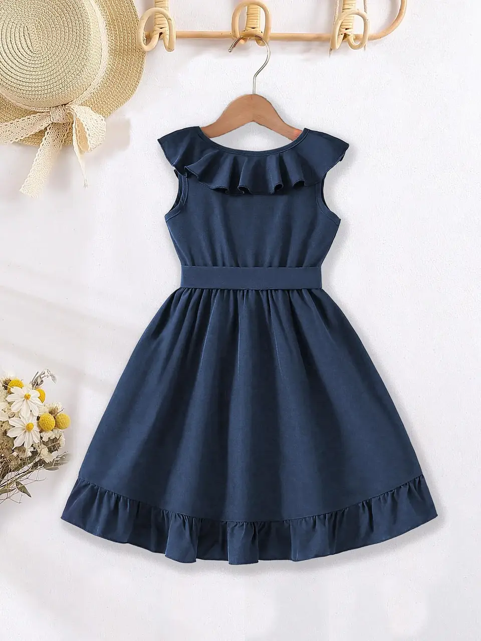 Girls Dress with Ruffle Trim along the Neckline and Skirt Sewing Pattern 3
