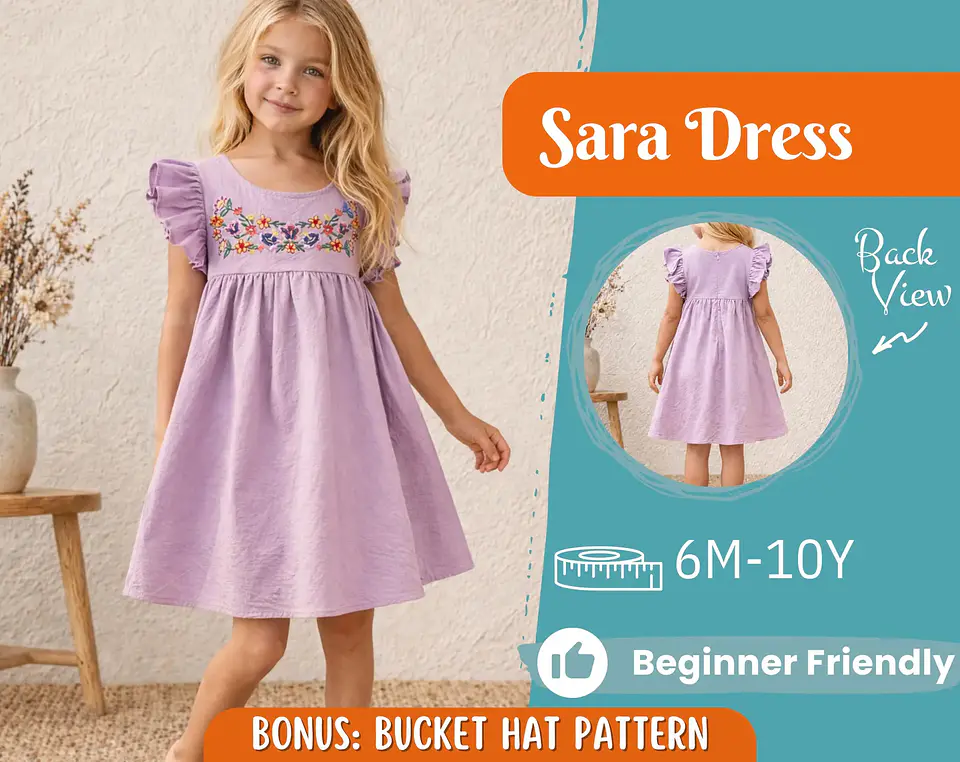 Girls Flutter Sleeve Embroidered Dress Sewing Pattern 1