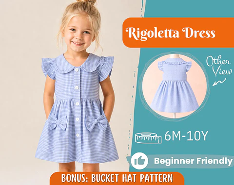 Girls Peter Pan Collar Bow Pocket Dress Sewing Pattern 