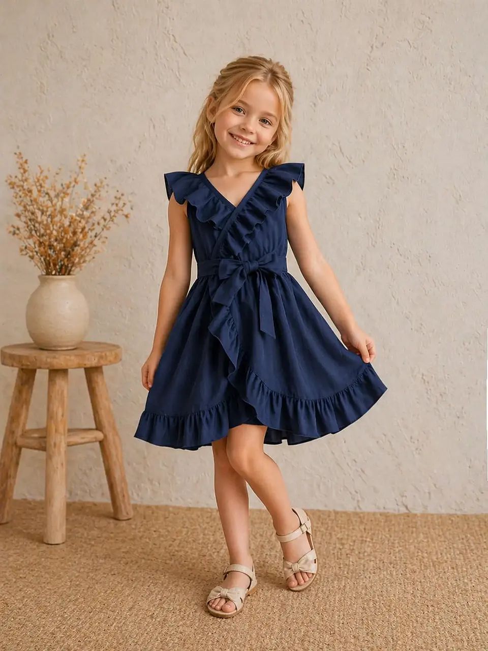 V-neck dress with ruffles sewing pattern for girl 5