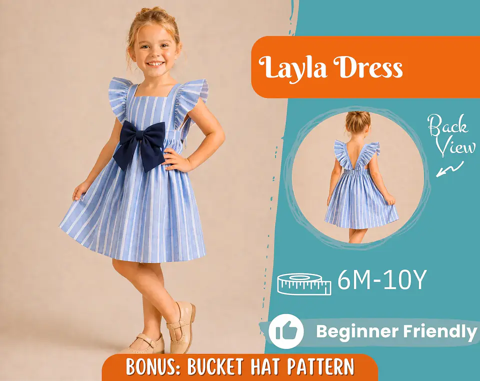 Girl's dress with square neckline, ruffled sleeves and front bow Sewing Pattern 1